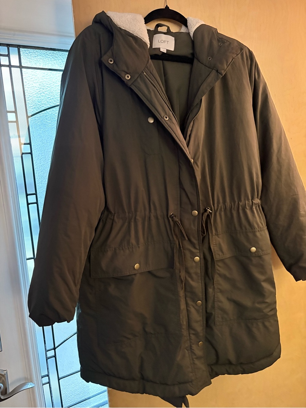 LOFT Olive Green Hooded Drawstring Puffer Coat